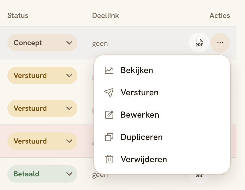De rechterkant van de facturenlijst met de kolommen Status, Deellink en Acties. Bij een concept staat het menu met de drie puntjes open, met Bekijken, Versturen, Bewerken, Dupliceren en Verwijderen.
